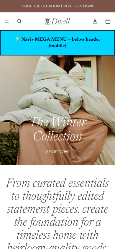Menu inserted below header — Navi+ on the Dwell Shopify theme Menu inserted below header — Navi+ on the Dwell Shopify theme