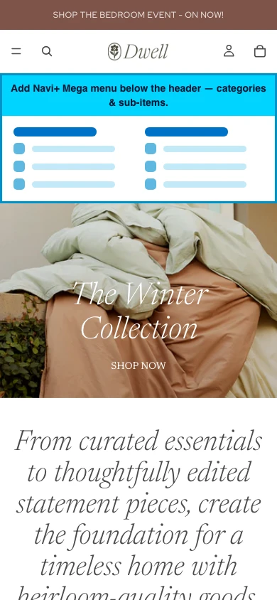 Navi+ mobile Mega Menu on the Dwell Shopify theme Navi+ mobile Mega Menu on the Dwell Shopify theme