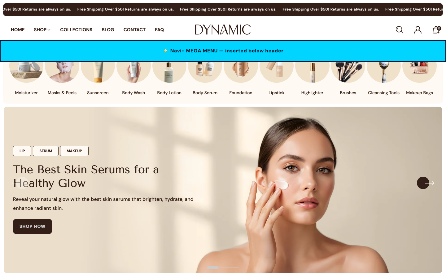 Menu inserted below header — Navi+ on the Dynamic Shopify theme Menu inserted below header — Navi+ on the Dynamic Shopify theme