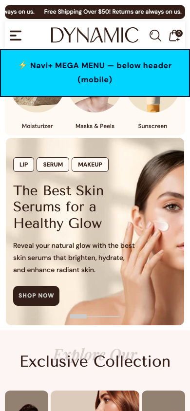 Menu inserted below header — Navi+ on the Dynamic Shopify theme Menu inserted below header — Navi+ on the Dynamic Shopify theme