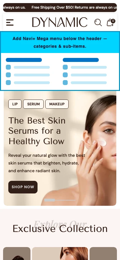 Navi+ mobile Mega Menu on the Dynamic Shopify theme Navi+ mobile Mega Menu on the Dynamic Shopify theme