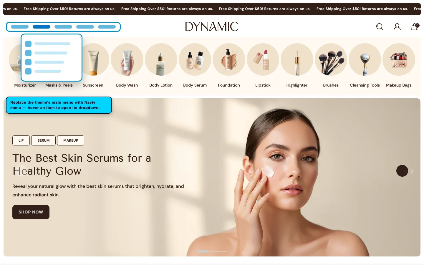 Navi+ Mega Menu replacing the desktop menu on the Dynamic Shopify theme Navi+ Mega Menu replacing the desktop menu on the Dynamic Shopify theme