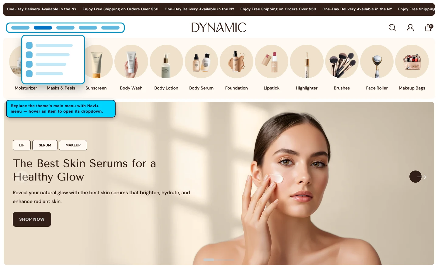 Navi+ Mega Menu replacing the desktop menu on the Dynamic Shopify theme Navi+ Mega Menu replacing the desktop menu on the Dynamic Shopify theme