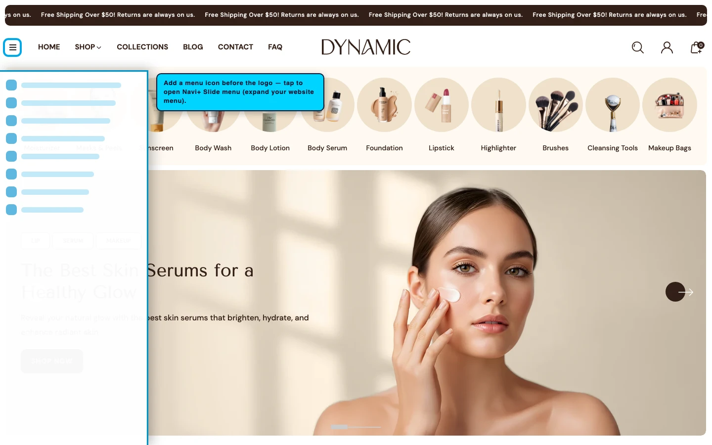 Navi+ trigger icon before the logo on the Dynamic Shopify theme Navi+ trigger icon before the logo on the Dynamic Shopify theme