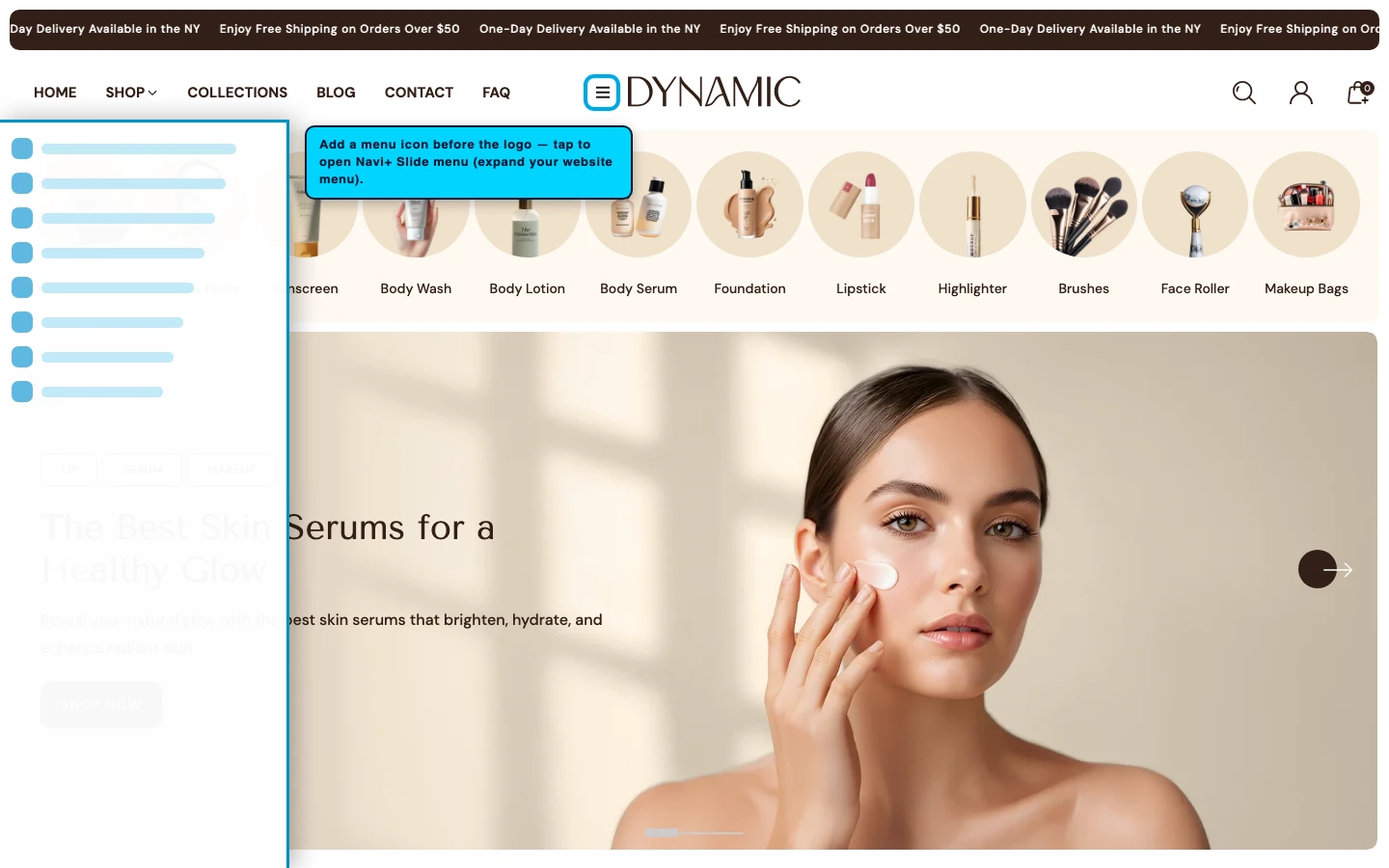 Navi+ trigger icon before the logo on the Dynamic Shopify theme Navi+ trigger icon before the logo on the Dynamic Shopify theme