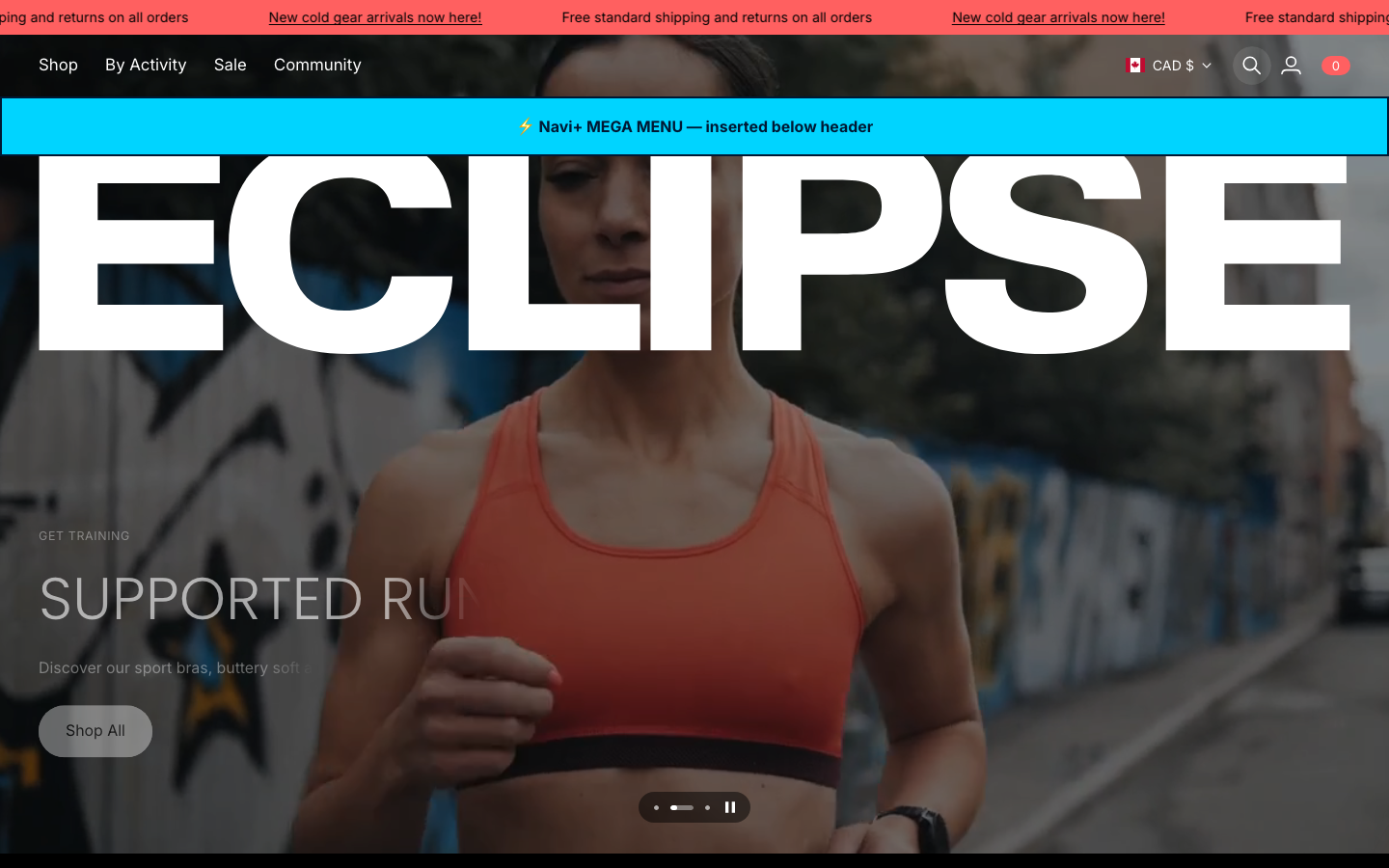 Menu inserted below header — Navi+ on the Eclipse Shopify theme Menu inserted below header — Navi+ on the Eclipse Shopify theme