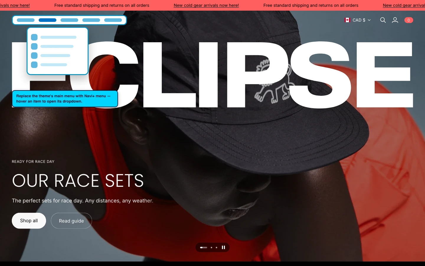 Navi+ Mega Menu replacing the desktop menu on the Eclipse Shopify theme Navi+ Mega Menu replacing the desktop menu on the Eclipse Shopify theme