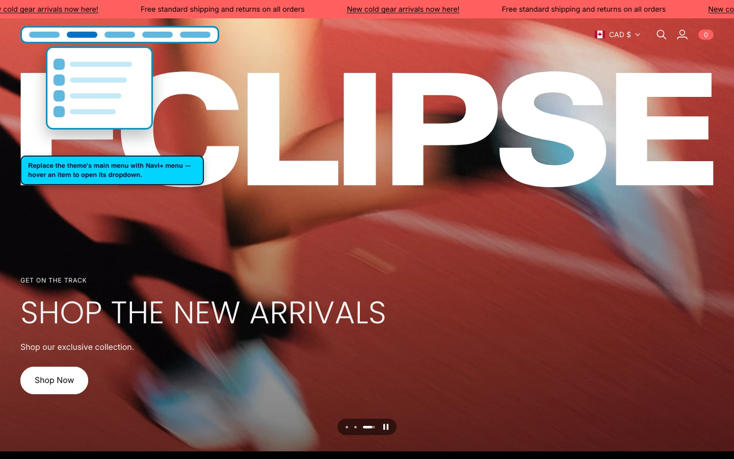 Navi+ Mega Menu replacing the desktop menu on the Eclipse Shopify theme Navi+ Mega Menu replacing the desktop menu on the Eclipse Shopify theme
