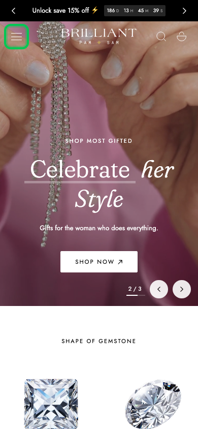 Hamburger → panel opened — Navi+ on the Edge Shopify theme