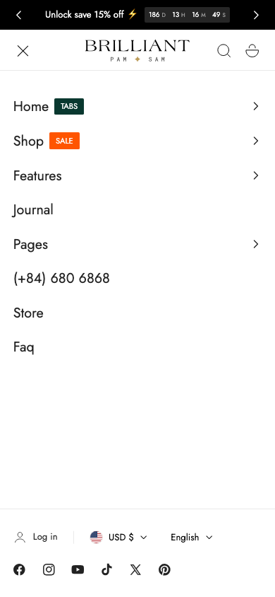 Hamburger → panel opened — Navi+ on the Edge Shopify theme
