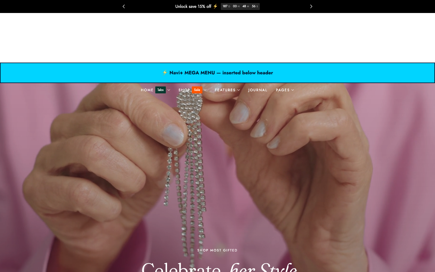 Menu inserted below header — Navi+ on the Edge Shopify theme