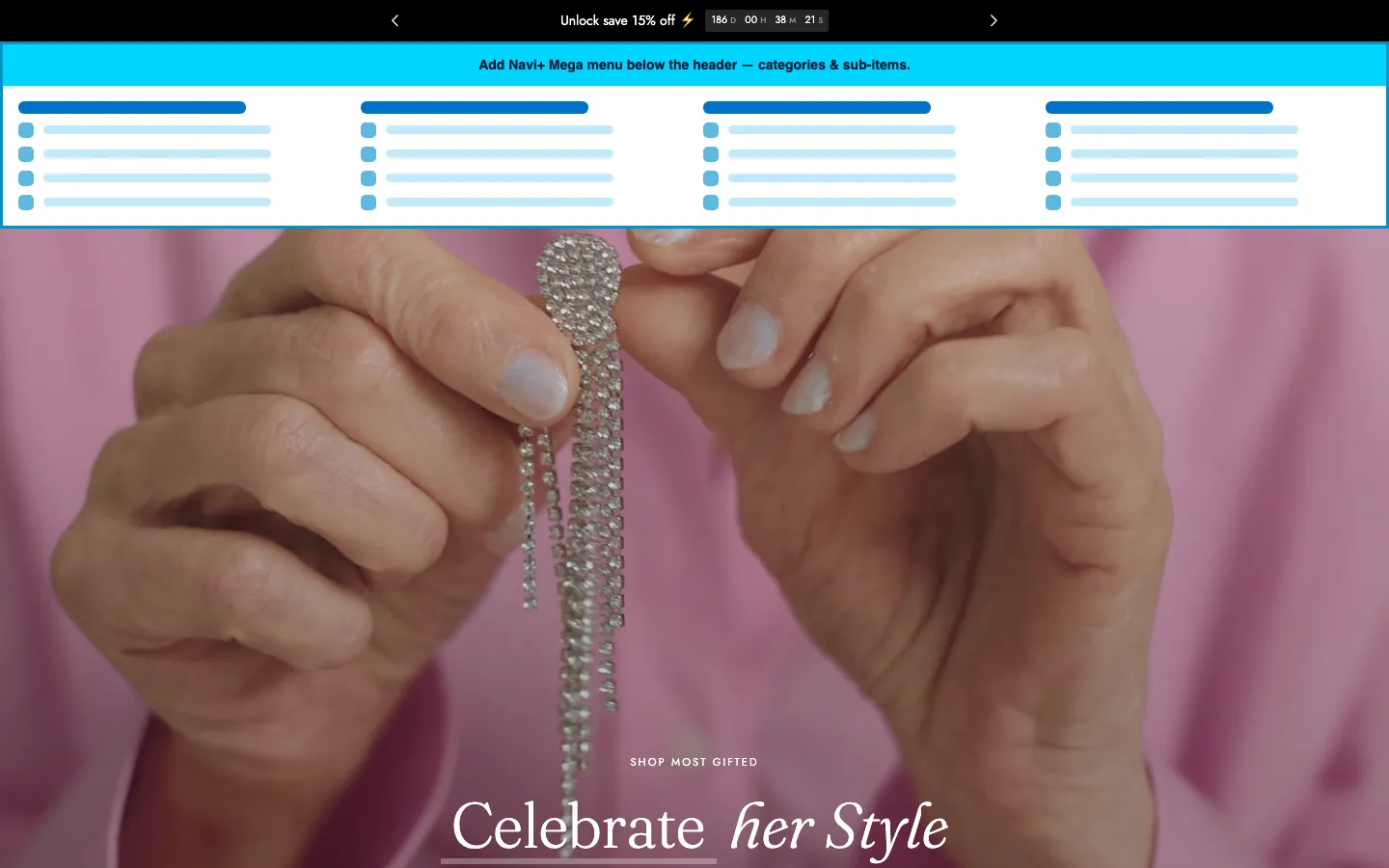Navi+ Mega Menu inserted below the header on the Edge Shopify theme Navi+ Mega Menu inserted below the header on the Edge Shopify theme