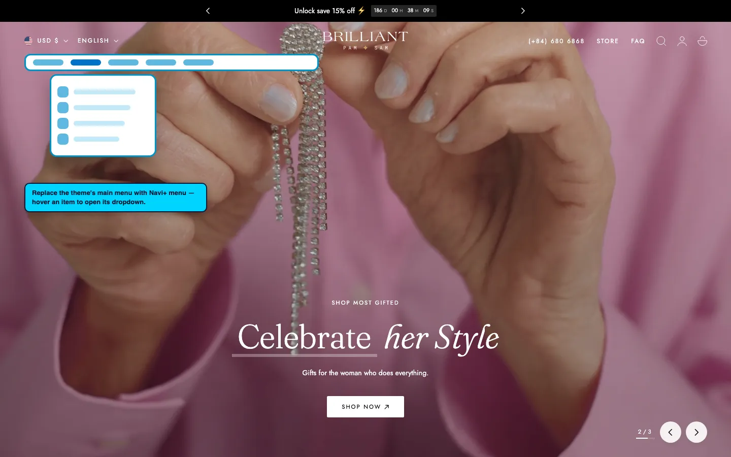 Navi+ Mega Menu replacing the desktop menu on the Edge Shopify theme