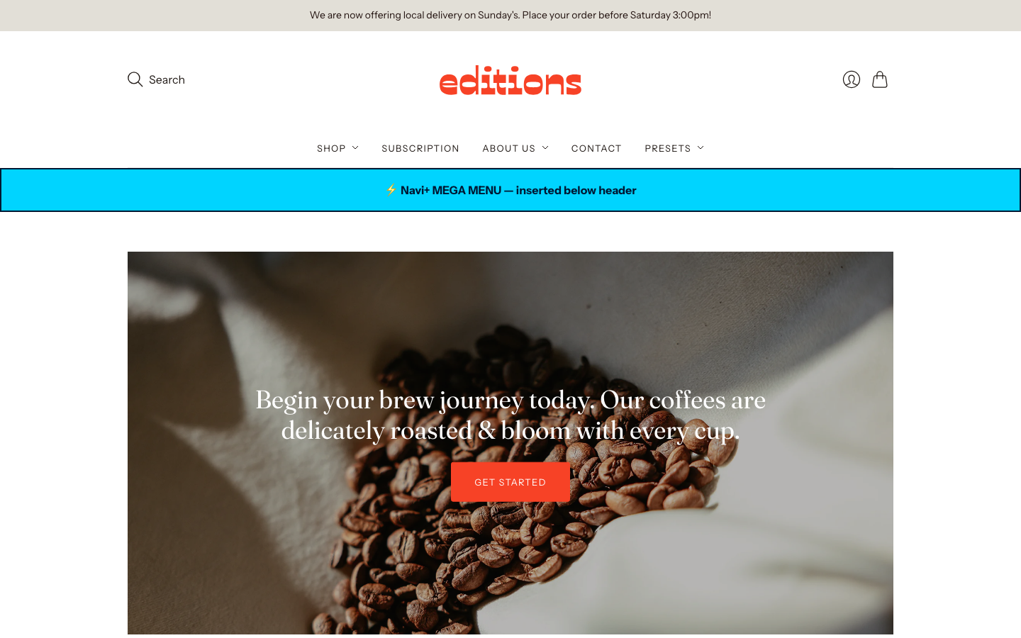 Menu inserted below header — Navi+ on the Editions Shopify theme Menu inserted below header — Navi+ on the Editions Shopify theme