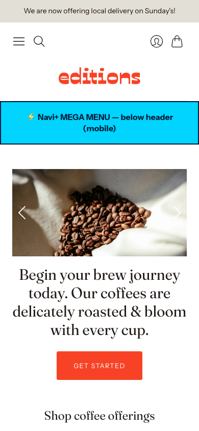 Menu inserted below header — Navi+ on the Editions Shopify theme Menu inserted below header — Navi+ on the Editions Shopify theme