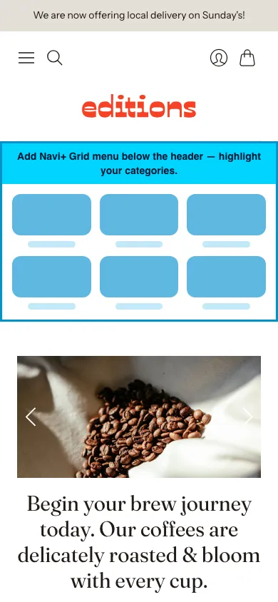 Navi+ Grid Menu on the Editions Shopify theme Navi+ Grid Menu on the Editions Shopify theme