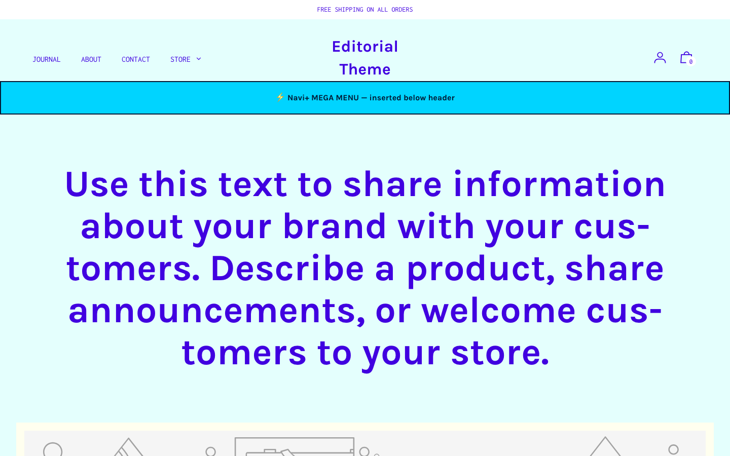 Menu inserted below header — Navi+ on the Editorial Shopify theme
