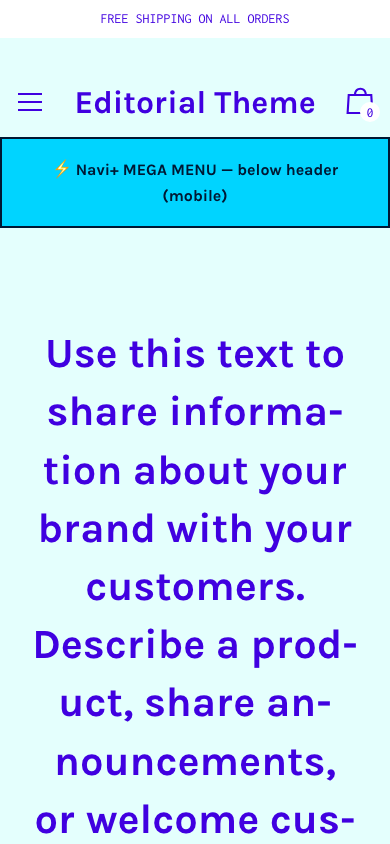 Menu inserted below header — Navi+ on the Editorial Shopify theme