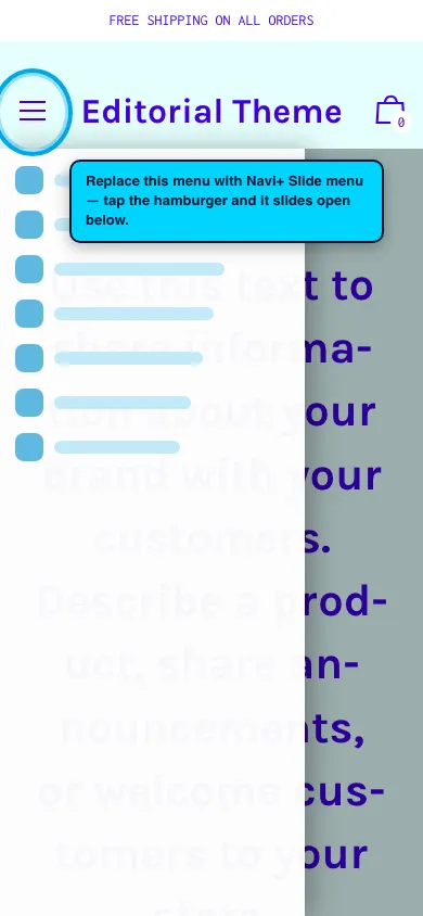 Navi+ Slide Menu on the Editorial Shopify theme