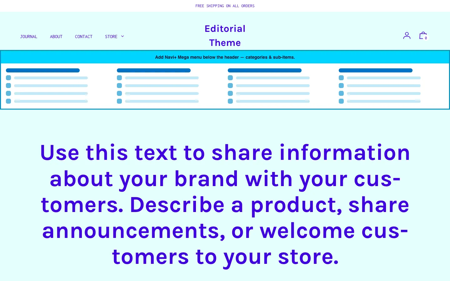 Navi+ Mega Menu inserted below the header on the Editorial Shopify theme
