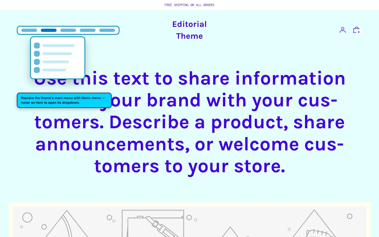 Navi+ Mega Menu replacing the desktop menu on the Editorial Shopify theme
