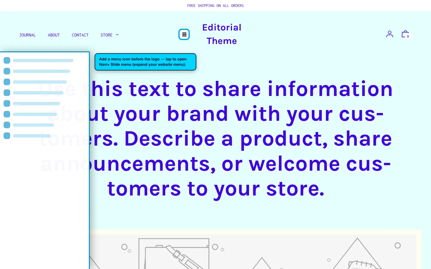 Navi+ trigger icon before the logo on the Editorial Shopify theme