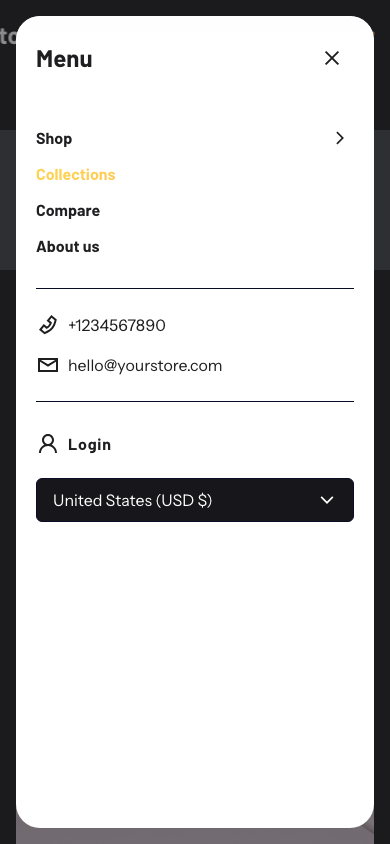Hamburger → panel opened — Navi+ on the Electro Shopify theme