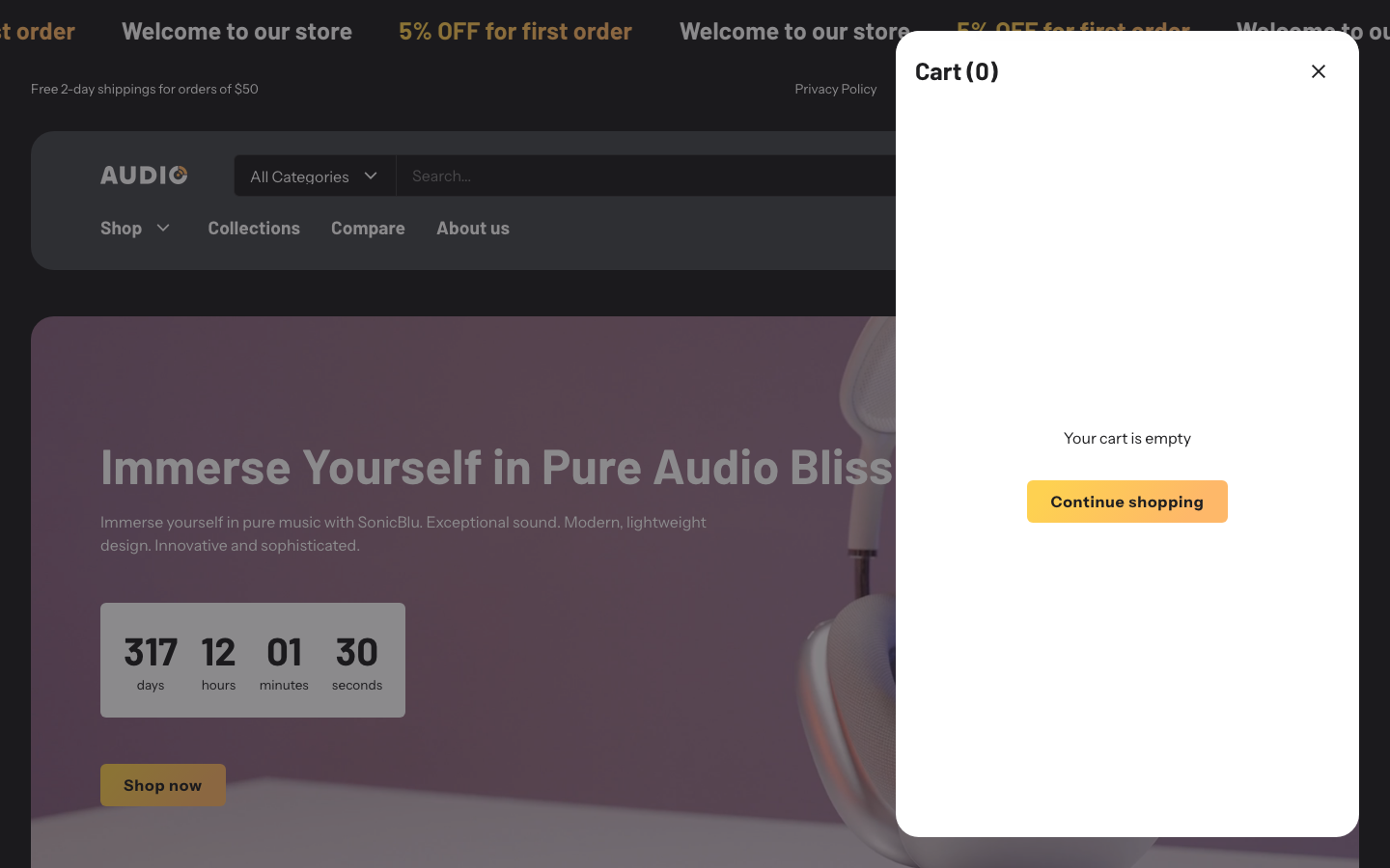 Cart → panel opened — Navi+ on the Electro Shopify theme