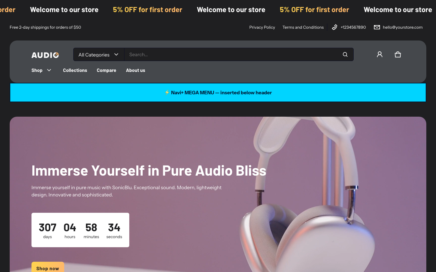 Menu inserted below header — Navi+ on the Electro Shopify theme