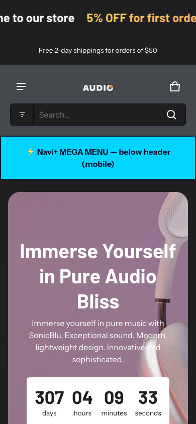 Menu inserted below header — Navi+ on the Electro Shopify theme