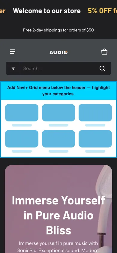 Navi+ Grid Menu on the Electro Shopify theme Navi+ Grid Menu on the Electro Shopify theme