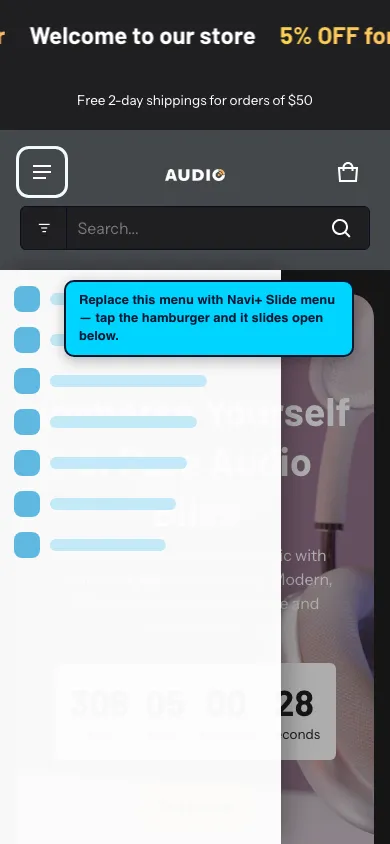 Navi+ Slide Menu on the Electro Shopify theme Navi+ Slide Menu on the Electro Shopify theme