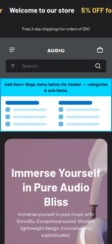 Navi+ mobile Mega Menu on the Electro Shopify theme Navi+ mobile Mega Menu on the Electro Shopify theme