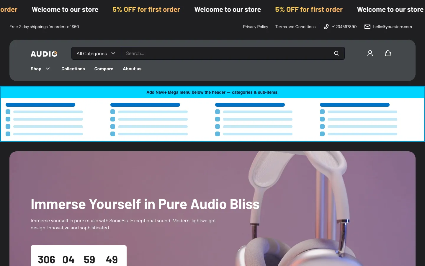 Navi+ Mega Menu inserted below the header on the Electro Shopify theme Navi+ Mega Menu inserted below the header on the Electro Shopify theme