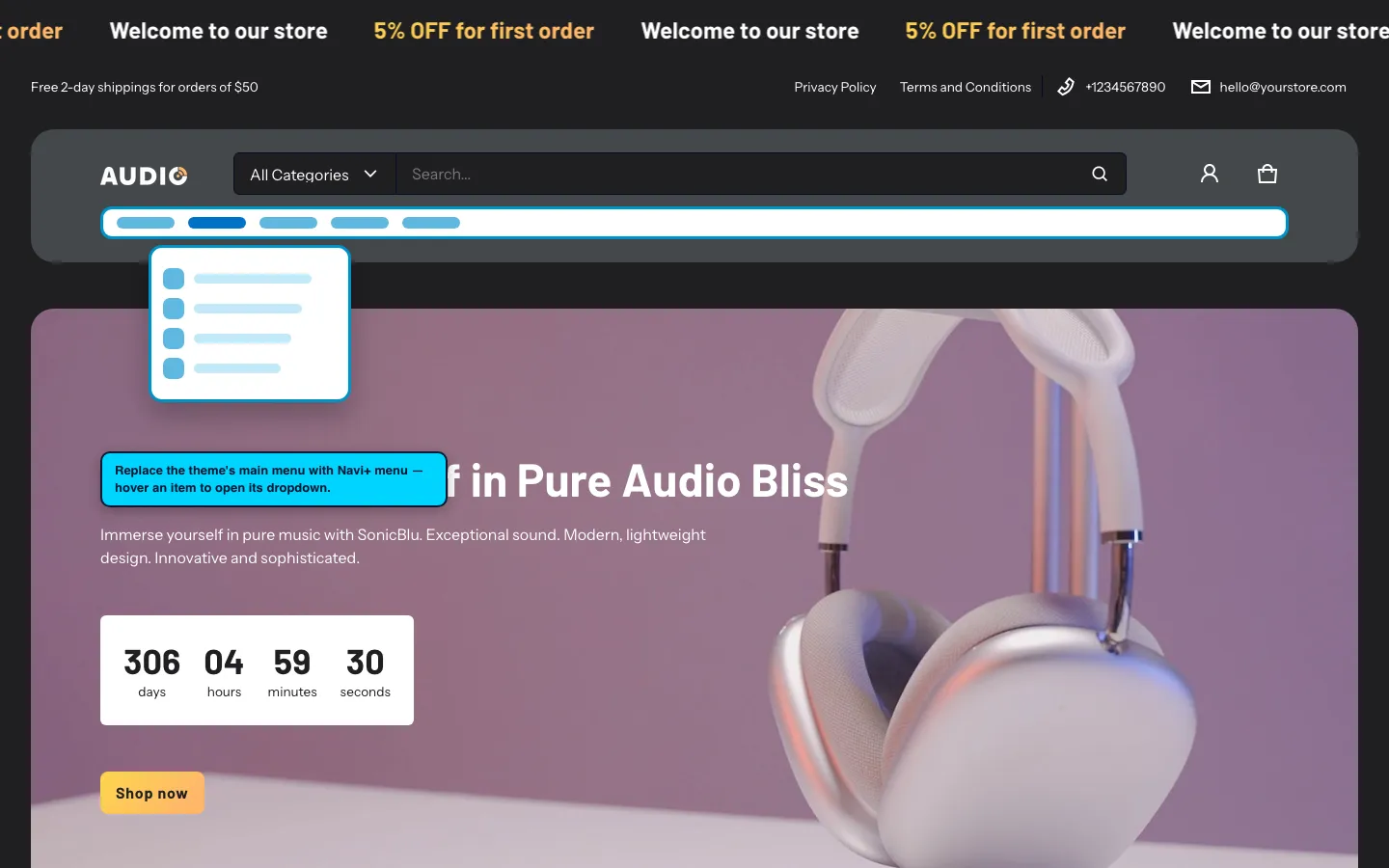 Navi+ Mega Menu replacing the desktop menu on the Electro Shopify theme