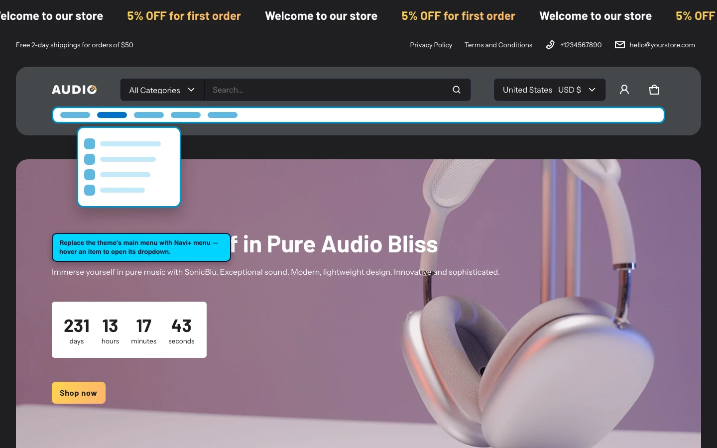 Navi+ Mega Menu replacing the desktop menu on the Electro Shopify theme Navi+ Mega Menu replacing the desktop menu on the Electro Shopify theme