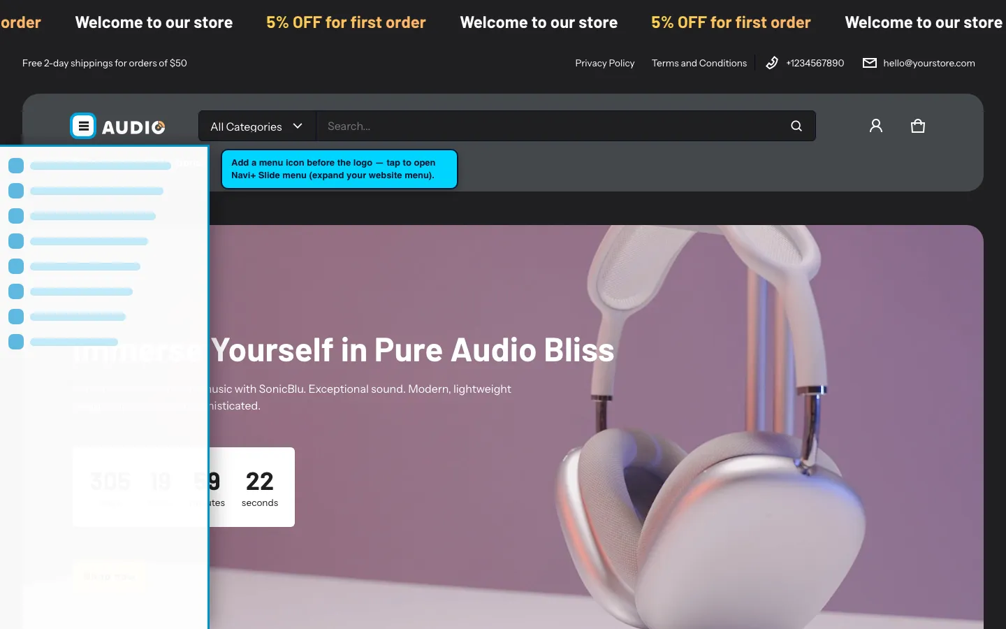 Navi+ trigger icon before the logo on the Electro Shopify theme Navi+ trigger icon before the logo on the Electro Shopify theme