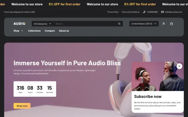 Full-page desktop screenshot of Shopify Electro theme demo store