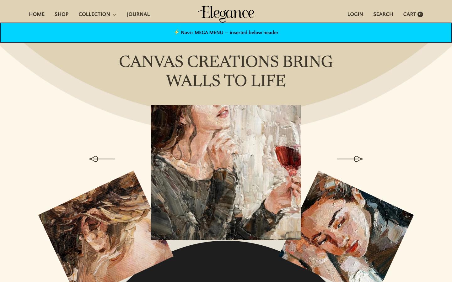 Menu inserted below header — Navi+ on the Elegance Shopify theme Menu inserted below header — Navi+ on the Elegance Shopify theme