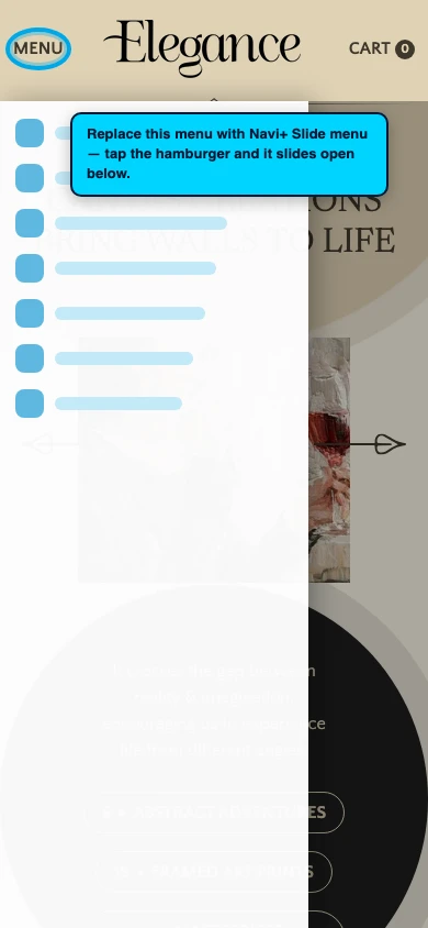 Navi+ Slide Menu on the Elegance Shopify theme Navi+ Slide Menu on the Elegance Shopify theme