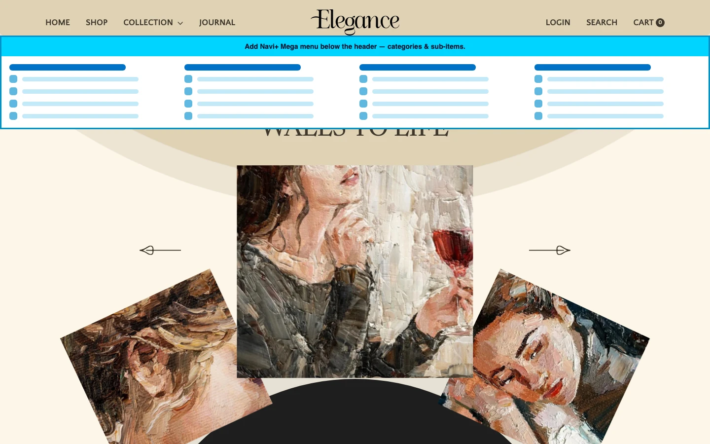 Navi+ Mega Menu inserted below the header on the Elegance Shopify theme Navi+ Mega Menu inserted below the header on the Elegance Shopify theme