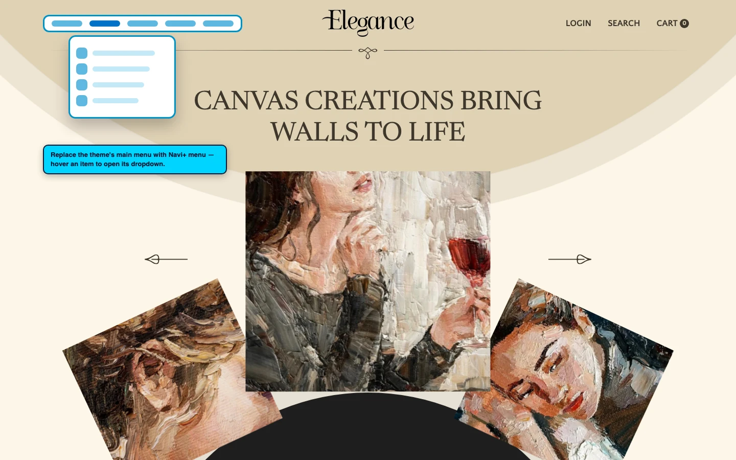 Navi+ Mega Menu replacing the desktop menu on the Elegance Shopify theme Navi+ Mega Menu replacing the desktop menu on the Elegance Shopify theme