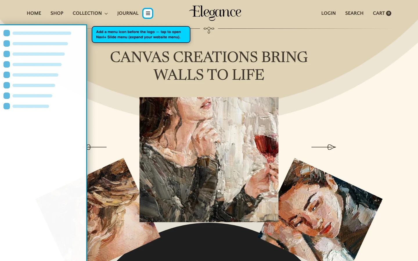 Navi+ trigger icon before the logo on the Elegance Shopify theme Navi+ trigger icon before the logo on the Elegance Shopify theme