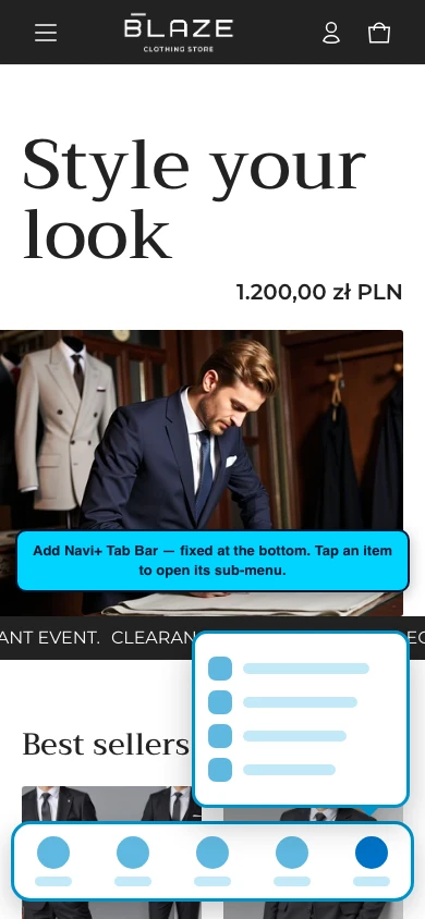 Navi+ Tab Bar on the Elemento Shopify theme Navi+ Tab Bar on the Elemento Shopify theme