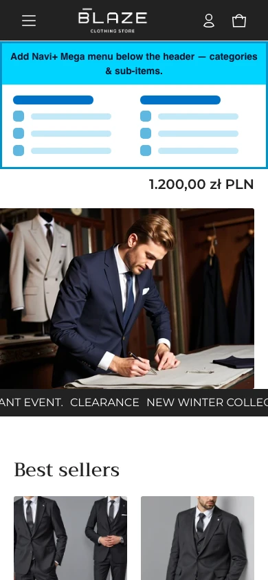 Navi+ mobile Mega Menu on the Elemento Shopify theme Navi+ mobile Mega Menu on the Elemento Shopify theme