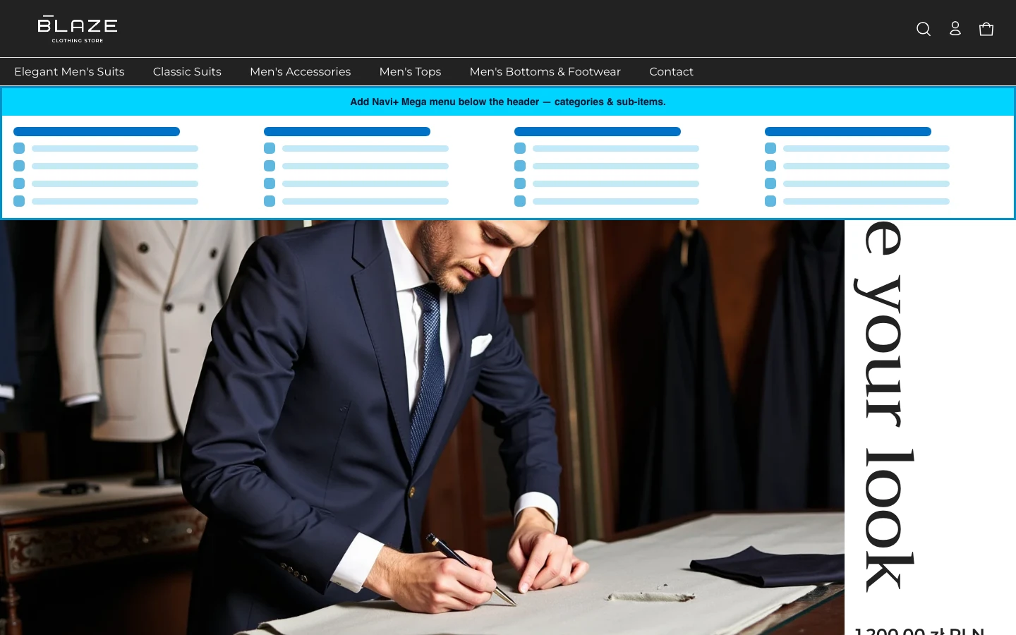 Navi+ Mega Menu inserted below the header on the Elemento Shopify theme Navi+ Mega Menu inserted below the header on the Elemento Shopify theme