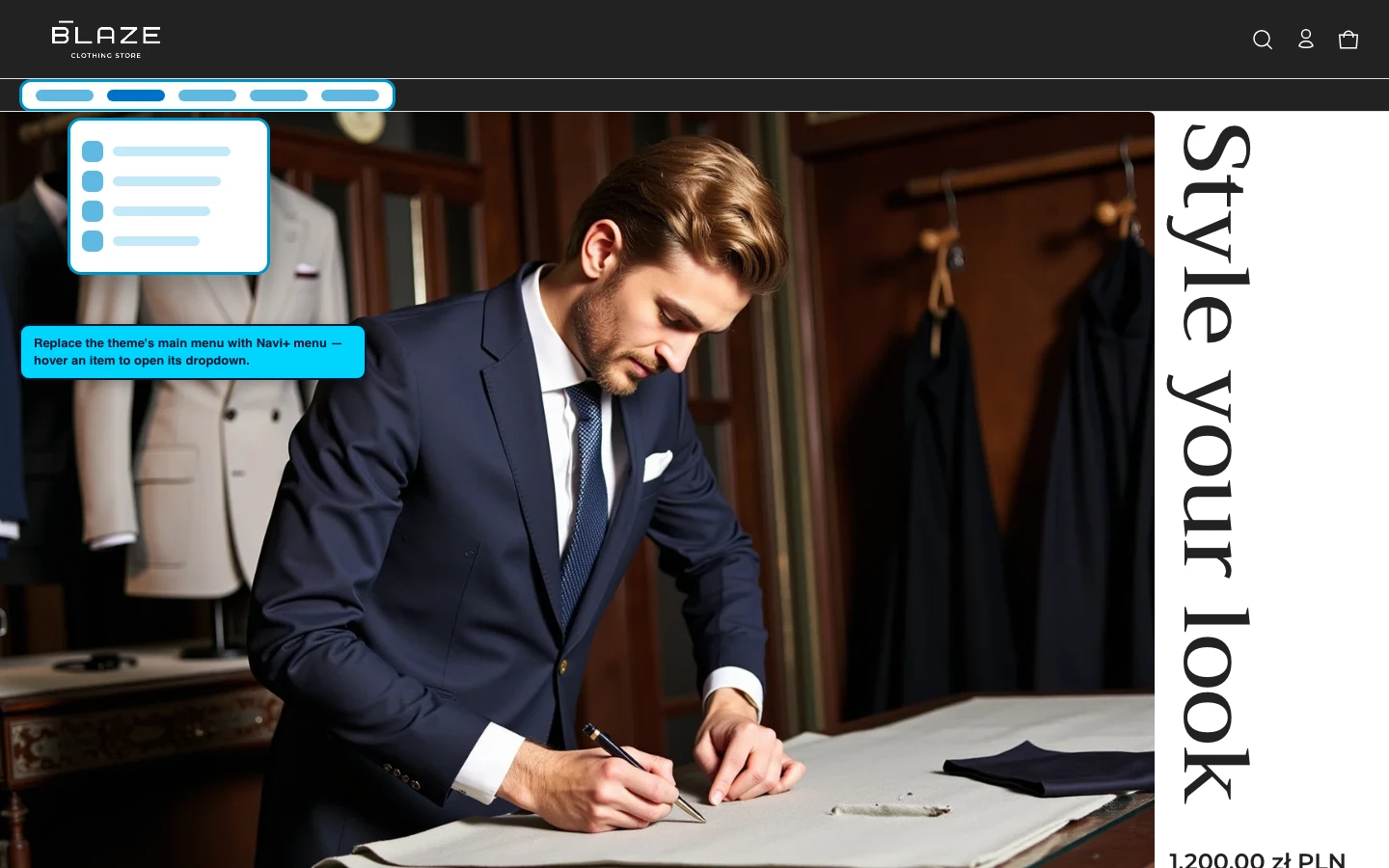 Navi+ Mega Menu replacing the desktop menu on the Elemento Shopify theme Navi+ Mega Menu replacing the desktop menu on the Elemento Shopify theme