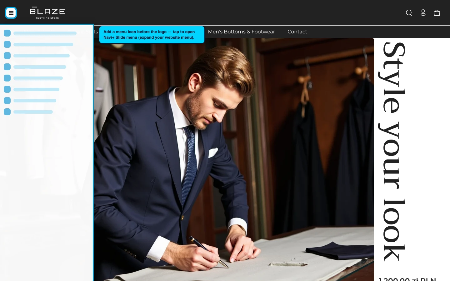 Navi+ trigger icon before the logo on the Elemento Shopify theme Navi+ trigger icon before the logo on the Elemento Shopify theme