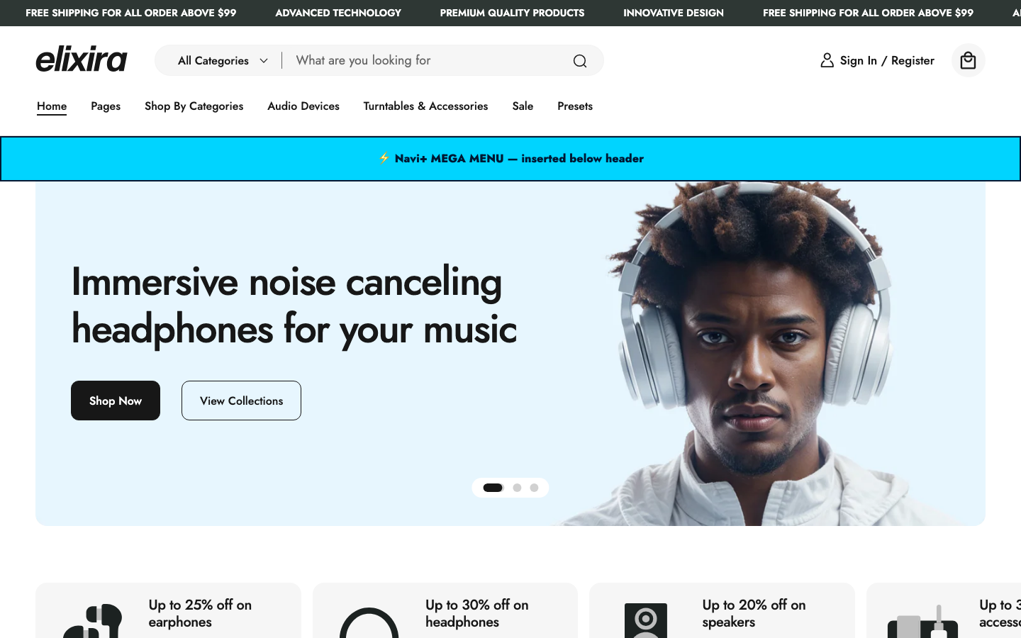 Menu inserted below header — Navi+ on the Elixira Shopify theme Menu inserted below header — Navi+ on the Elixira Shopify theme