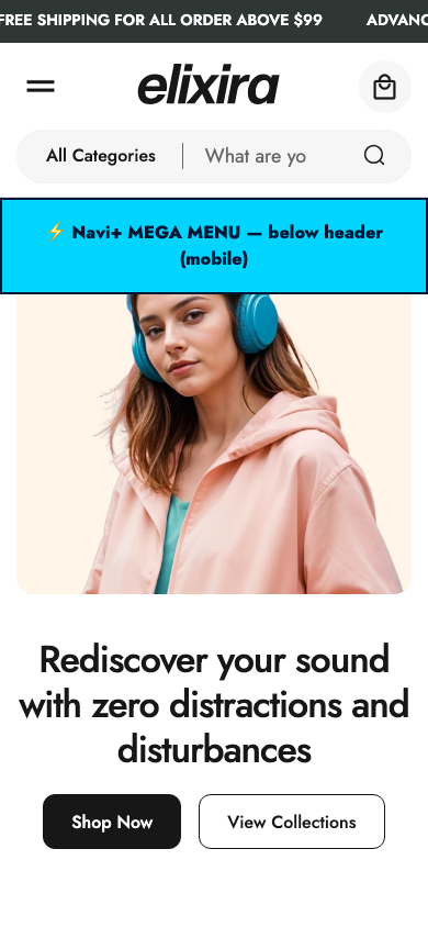 Menu inserted below header — Navi+ on the Elixira Shopify theme Menu inserted below header — Navi+ on the Elixira Shopify theme